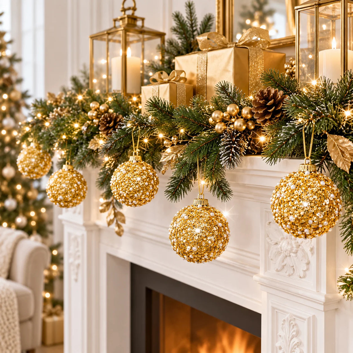 6PCS Gold Christmas Ball Ornaments, Pearl Sequin Baubles 8cm Glitter Hanging Balls Xmas Tree Holiday Decor
