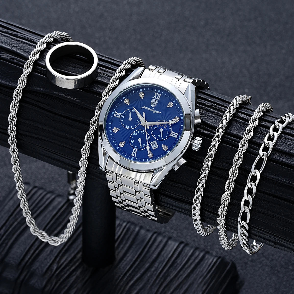 6 Pcs Set Men's Stainless Steel Watches Business Luxury Quartz Wristwatch Calendar Clock Casual Watch Necklace Bracelet Ring Set
