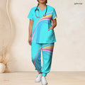 Printed Scrub Set for Women V Neck Short Sleeve Pocket Top Long Pants Two Piece