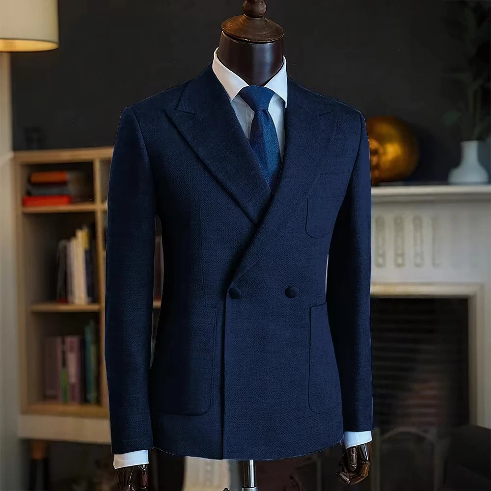 Luxury Men's Classic Suit Blazer Linen Double Breasted Notch Lapel Formal Groom Wedding Dress Jacket Lightweight Sport Coat