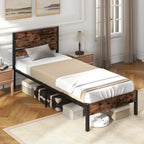 Full/ King/ Queen/ Twin Bed Frame with Tall Industrial Headboard Heavy-Duty Metal Slats Support