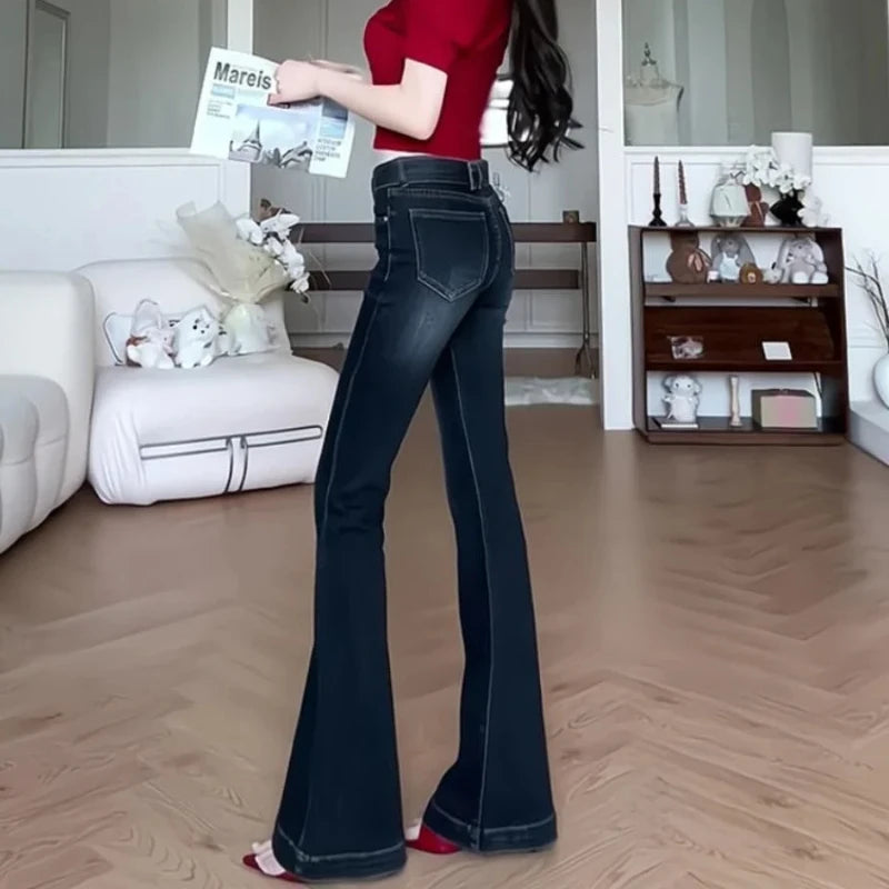 Women's Flared Jeans Solid Color Cowboy Pants for Woman Gyaru Teenagers Clothing Unique Flare Trousers Korean Fashion Stylish R
