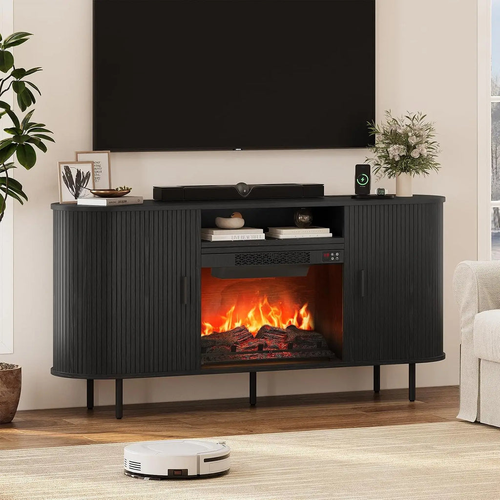 ONBRILL 63" Fluted Electric Fireplace TV Stand w/23" LED Flame Heater for Living Room, Media Console Storage Cabinet