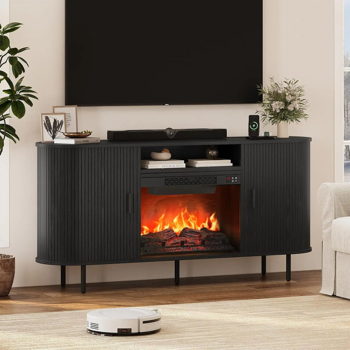 ONBRILL 63" Fluted Electric Fireplace TV Stand w/23" LED Flame Heater for Living Room, Media Console Storage Cabinet