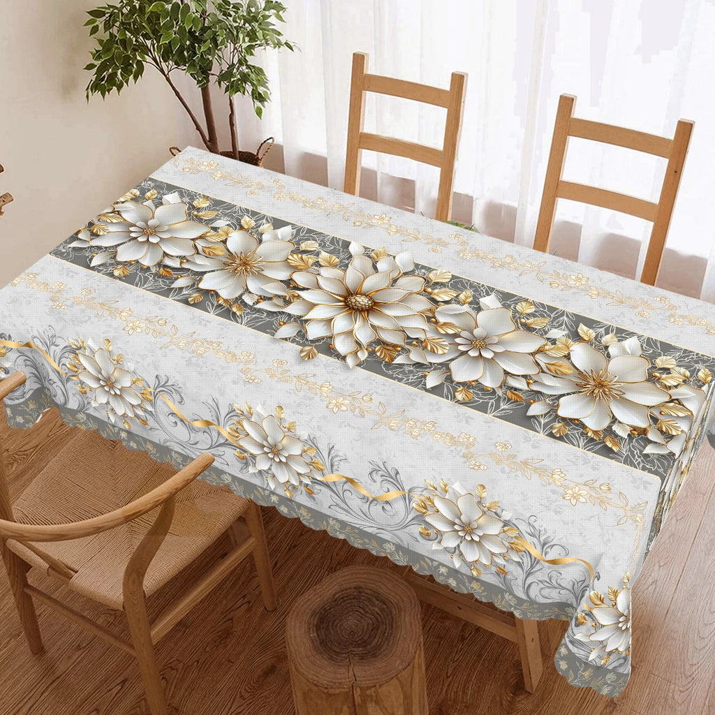 Elegant Floral-Themed Printed Tablecloth, High-Quality White and Gold Pattern, Embossed Edges, Durable, Waterproof, Oil-Proof, Stain-Resistant, Wrinkle-Resistant, Non-Fading, Machine Washable, Reusable, Perfect Gift for Famil
