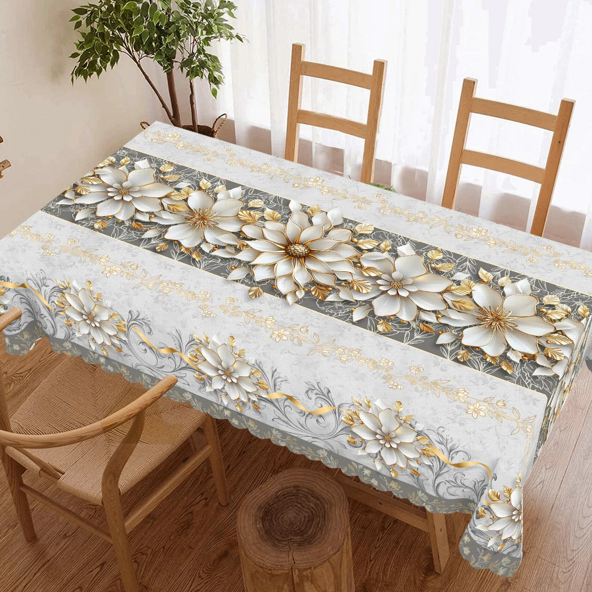 Elegant Floral-Themed Printed Tablecloth, High-Quality White and Gold Pattern, Embossed Edges, Durable, Waterproof, Oil-Proof, Stain-Resistant, Wrinkle-Resistant, Non-Fading, Machine Washable, Reusable, Perfect Gift for Famil