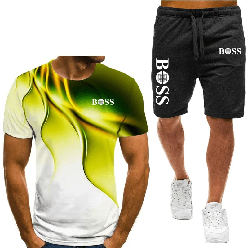 Men's T-shirt and shorts set, running fashion printed short sleeved sports T-shirt, summer 2024