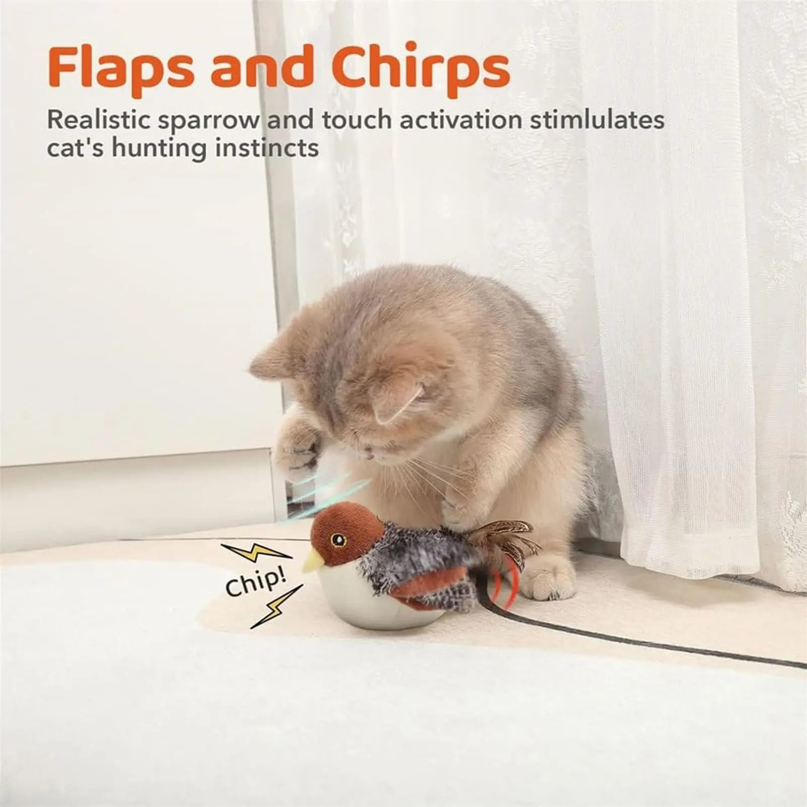 Interactive Cat Bird Toy 3 Levels Adjustable Simulated Chirping Electric Soft Plush with Flapping Wings for Kittens