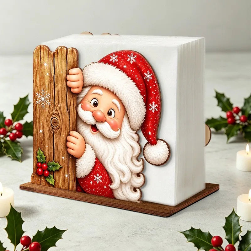 Santa Claus Wooden Napkin Holder Christmas Table Decor Desktop Tissue Storage Rack Xmas Party Dining Room Tabletop Decorations
