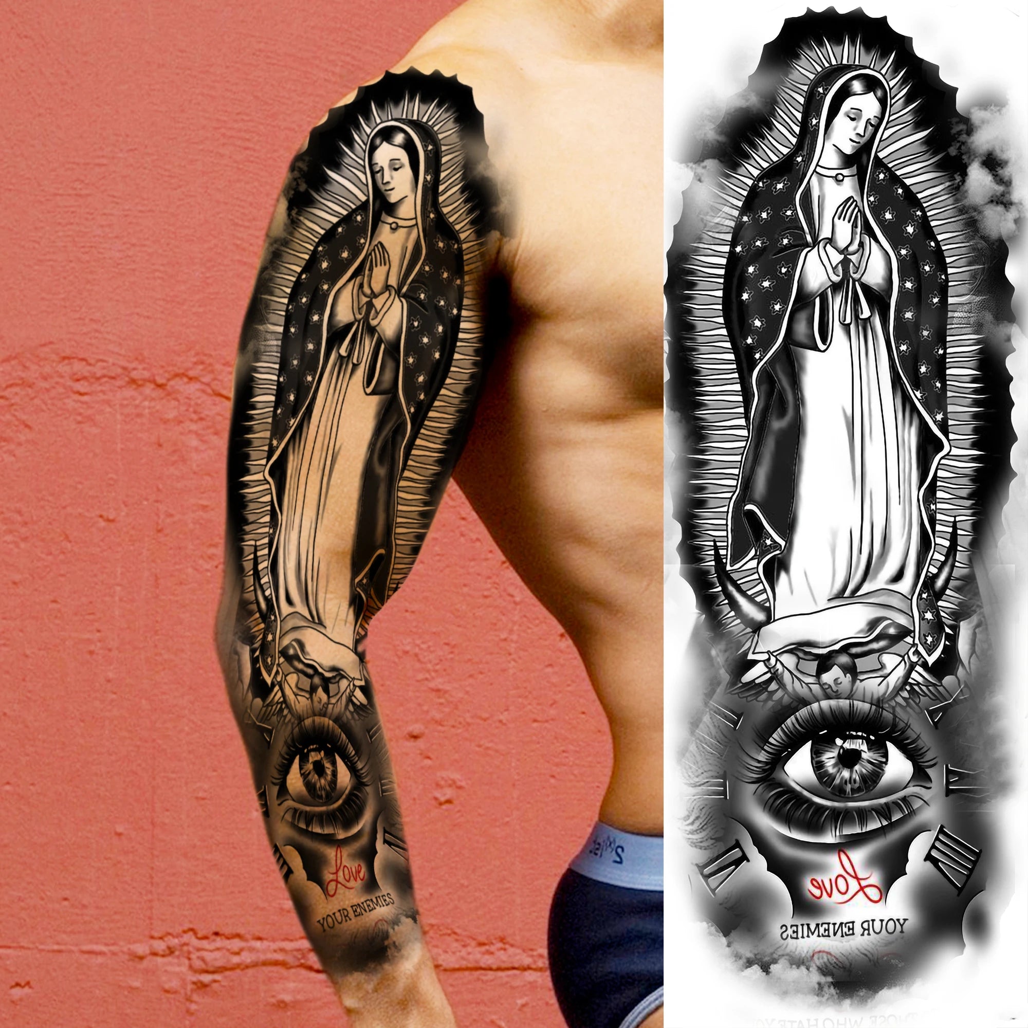 1 Sheet Full Arm Leg Robber Joker Gangster Temporary Tattoos Long Large Bad Guy Nun Fake Tattoo Sleeve Waterproof  Tatoo Sticker