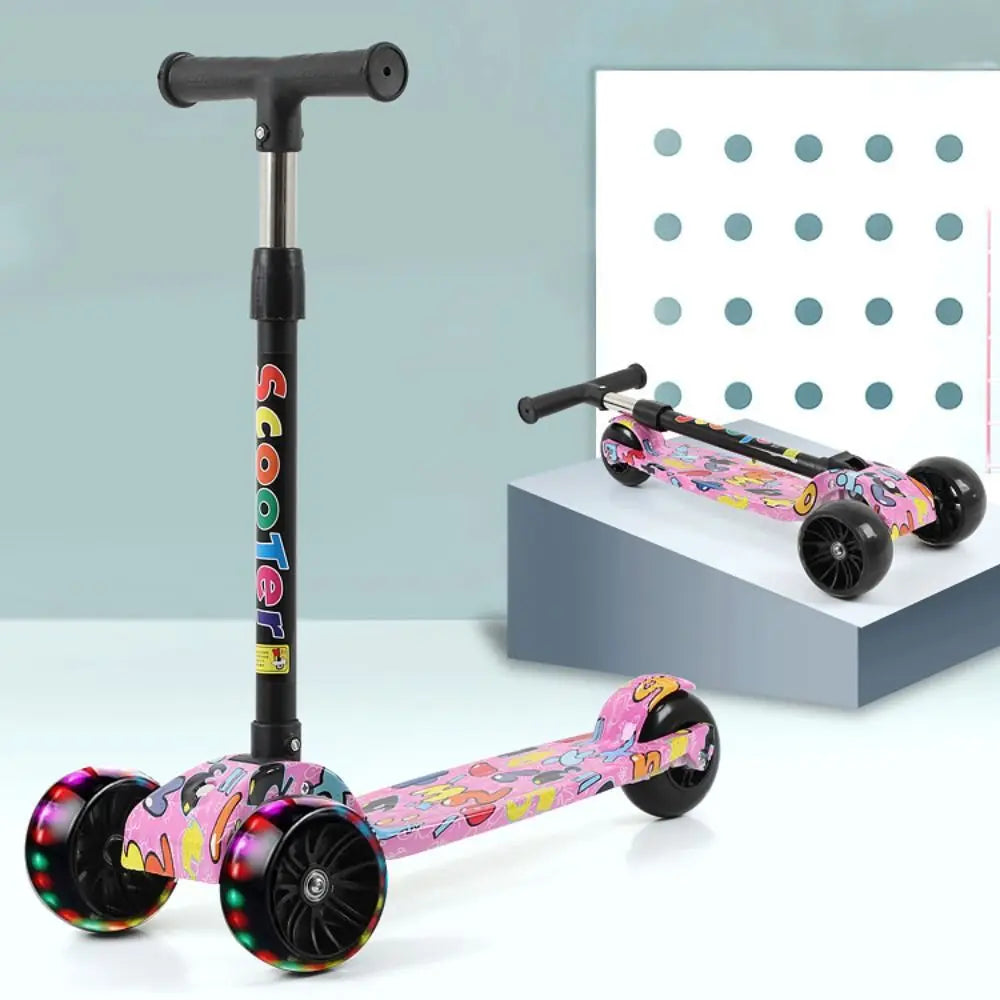 Foldable Children Scooter Adjustable Height Widened Pedals Kids Scooter with Flash Wheels Lightweight Folding Foot Scooters