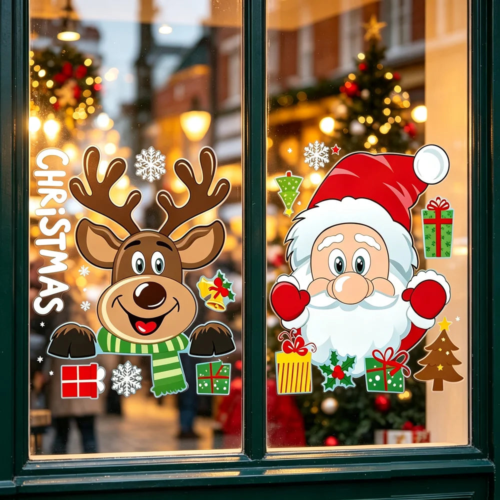 Christmas Window Cling Stickers Santa Claus Reindeer Snowflake Gift Box Window Decals for Xmas Home Shop Glass Door Window Decor