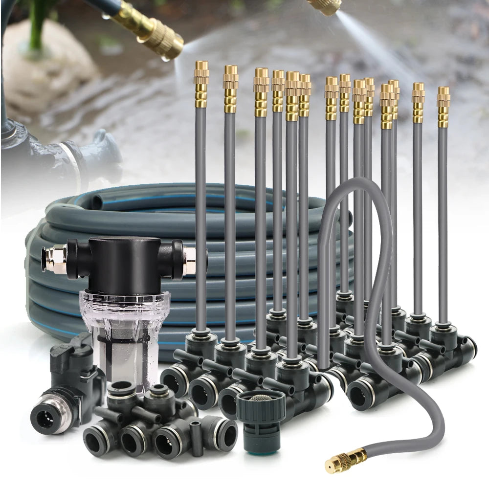 3/8" 9/12mm Misting Cooling System 360° Free-Bend Nozzle Atomizer Sprayer PE Hose 80 Mesh Filter Garden Irrigation Watering Kit