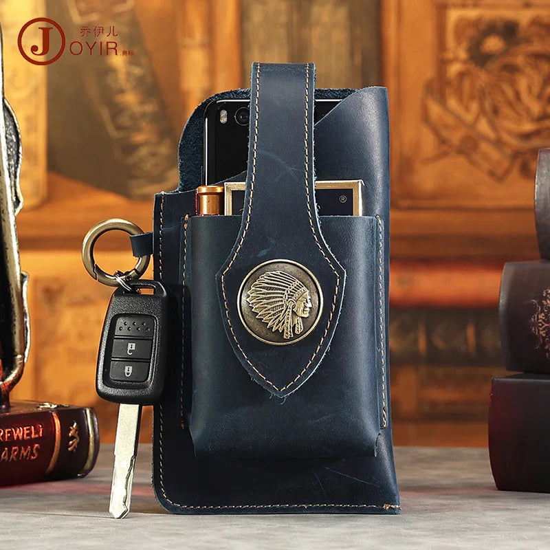 Men's Genuine Leather Retro Mobile Phone Bag Fanny Pack Sports Tactical Belt Pouch Waist Pack Hip Sack