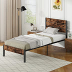 Full/ King/ Queen/ Twin Bed Frame with Tall Industrial Headboard Heavy-Duty Metal Slats Support