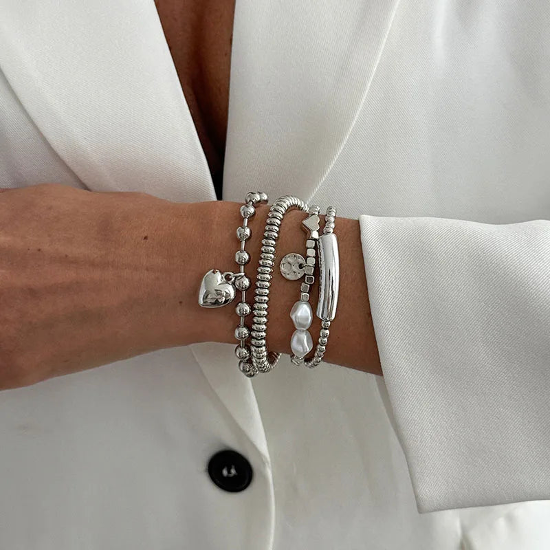 4Pcs/Set New Imitation Pearls Metal Heart Pendant Bracelets Women Fashion Creative Sliver Color Cube Chain Jewelry Gifts