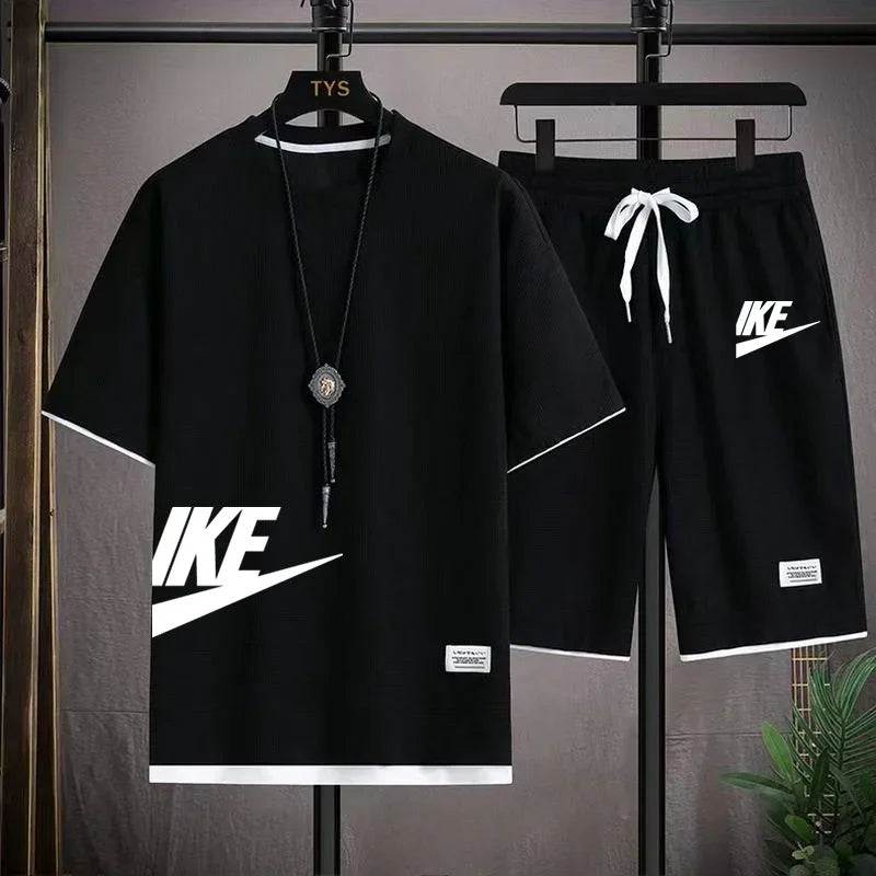 Summer fashion short-sleeved T-shirt + sports shorts set, men's casual jogging and fitness sportswear breathable two-piece set