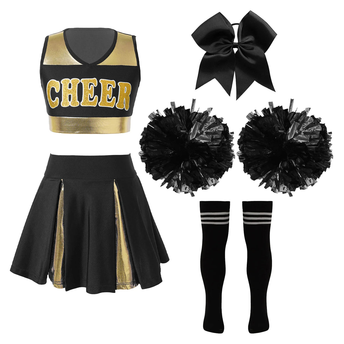 5Pcs Kids Girls Halloween Cheerleader Costume Outfit Uniform Set Cheerleading Dance Dress with Socks Pompom for Role Play Party