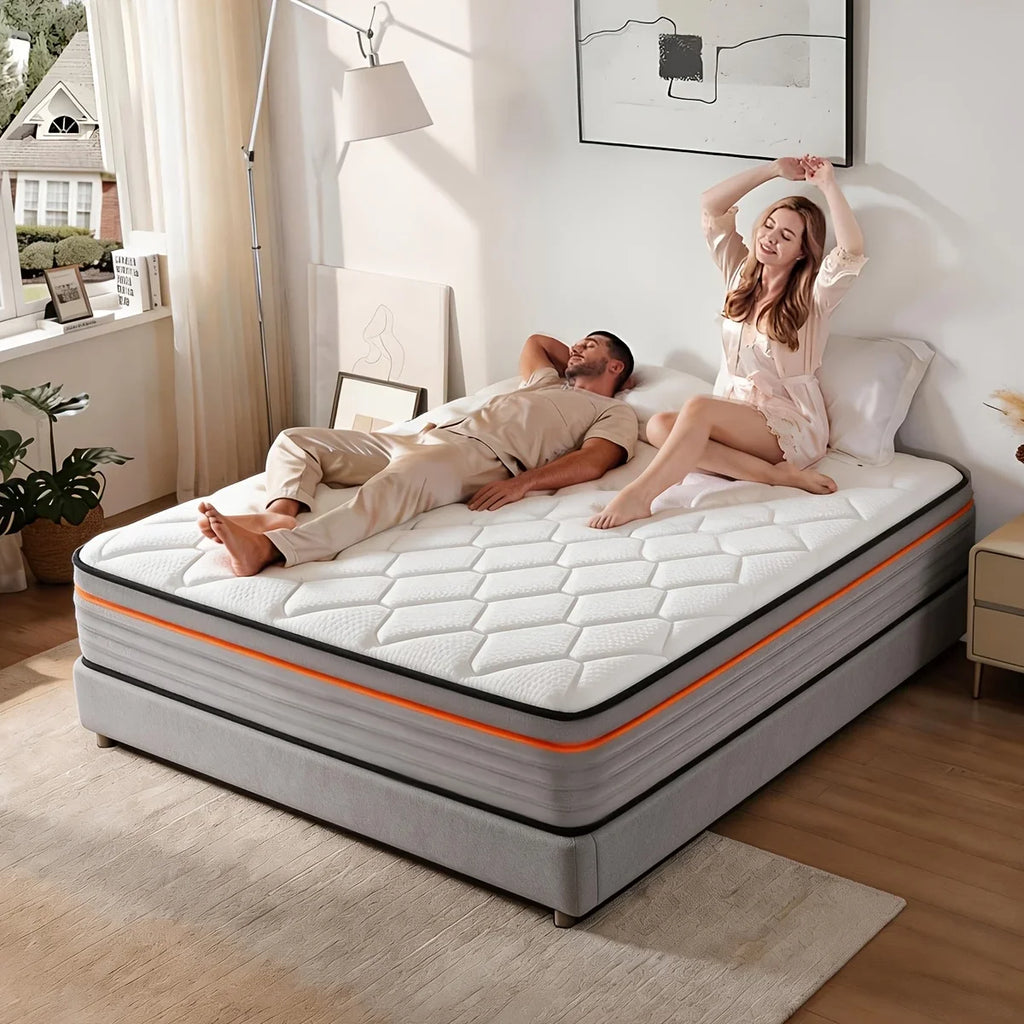 10/12 Inch Full Queen Size Memory Foam Mattress | Ergonomically Designed, Medium Firm Hybrid Mattress Featuring Pocket Springs, Grey Quilted Cover, Fire-Resistant
