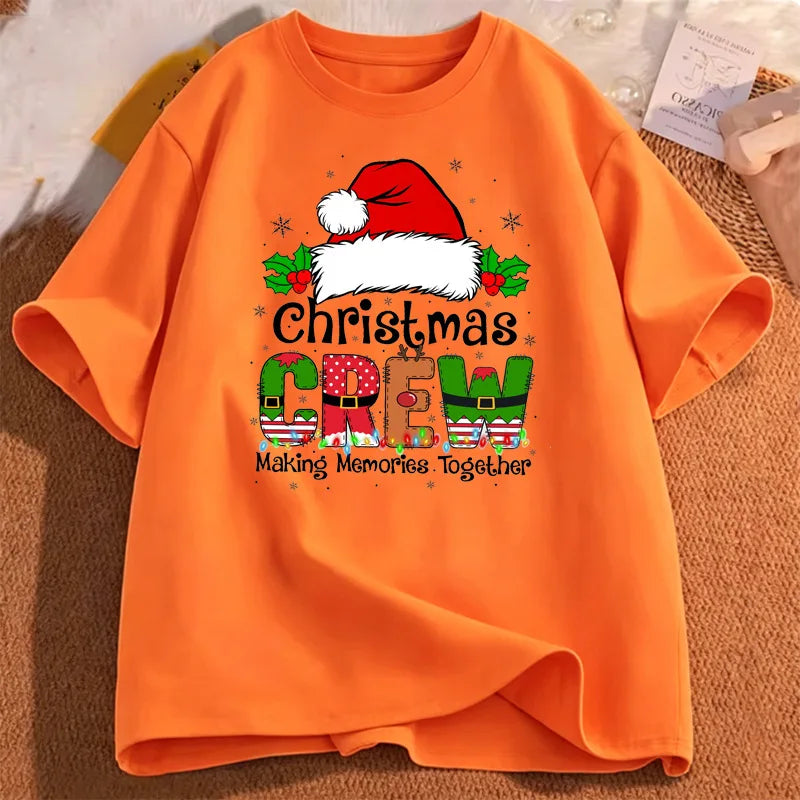 Christmas Crew Santa Hat Holly Snowflake Quote Art Print Graphic Womens T Shirt Short Sleeve Crew Neck Casual Ladies Tee Tops