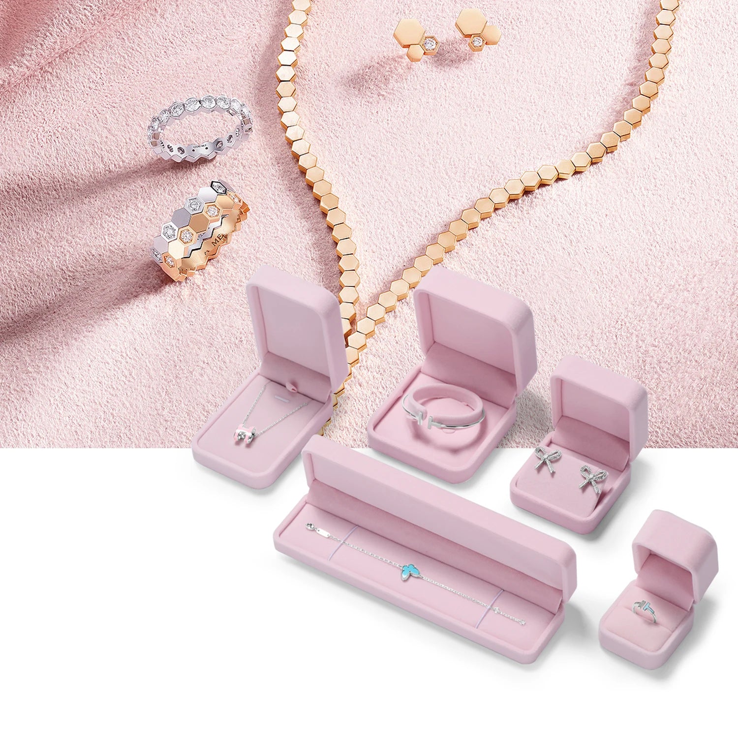 Pink Velvet Jewelry Box Set Jeweler Specialized Cases for Rings, Earrings, Bracelets, Necklaces, Premium Gift Storage Organizer