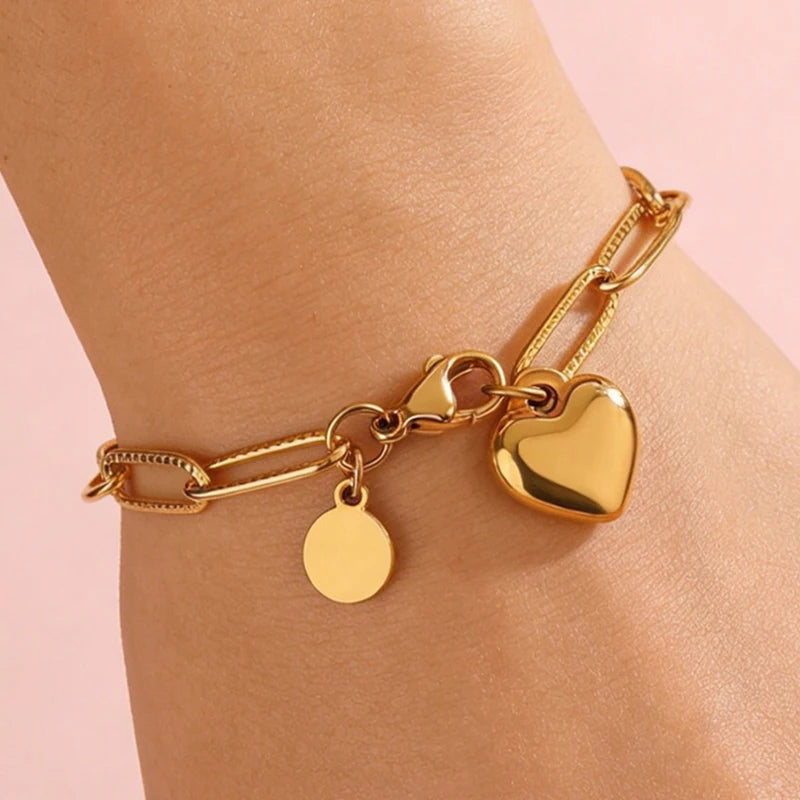 2Pcs/Set Elegant Stainless Steel Love Heart Bracelet For Women Couple Daily Holiday Wear Durable Jewelry Valentine's Day Gift