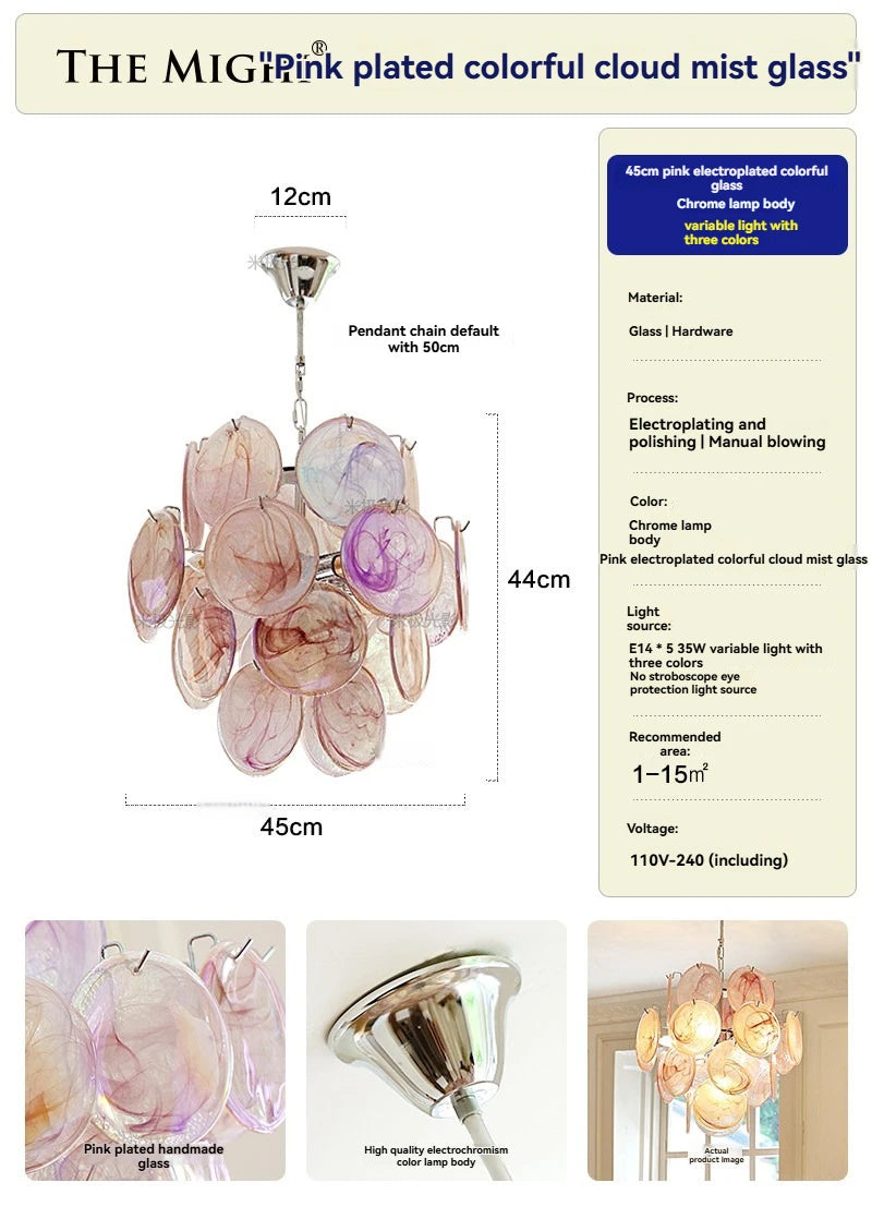 Italy Murano Pink Glass Chandeliers for Dining Living Room Vintage Glass Pendant Lights Chandeliers for Bedroom Kitchen Island