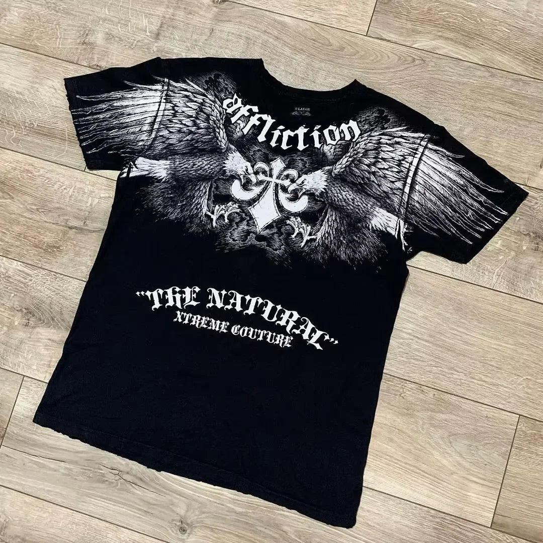 2000s affliction T-shirt Vintage Clothing Punk Hip Hop Graphic Print Oversized T shirt Men Round Neck Cotton Short Sleeve Tops