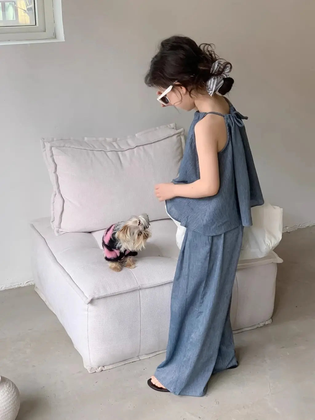 Teens Girls 2-piece Set 2025 Children's Clothing Summer New Set Outfits Baby Korean Slim Top and Blue Wide Leg Pants Casual Set
