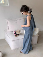 Teens Girls 2-piece Set 2025 Children's Clothing Summer New Set Outfits Baby Korean Slim Top and Blue Wide Leg Pants Casual Set