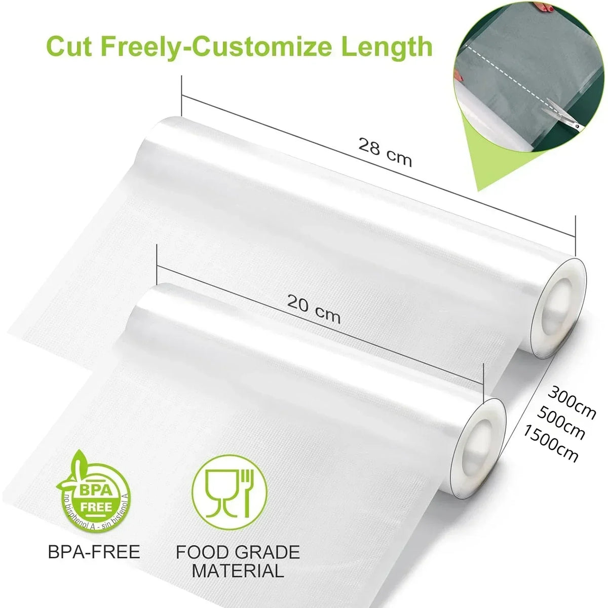 2 Roll Vacuum Packaging Sealer Bags for Food Fresh Long Keeping, 20cm Wide Food Preservation and Vacuum Cooking Embossed Bag