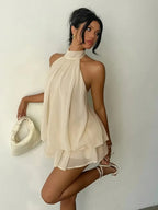 Women's Vacation Slim Fit Dress Sexy Backless Halter Neck Lace-up Versatile Solid Color Dress Stylish Comfortable Summer Vestido