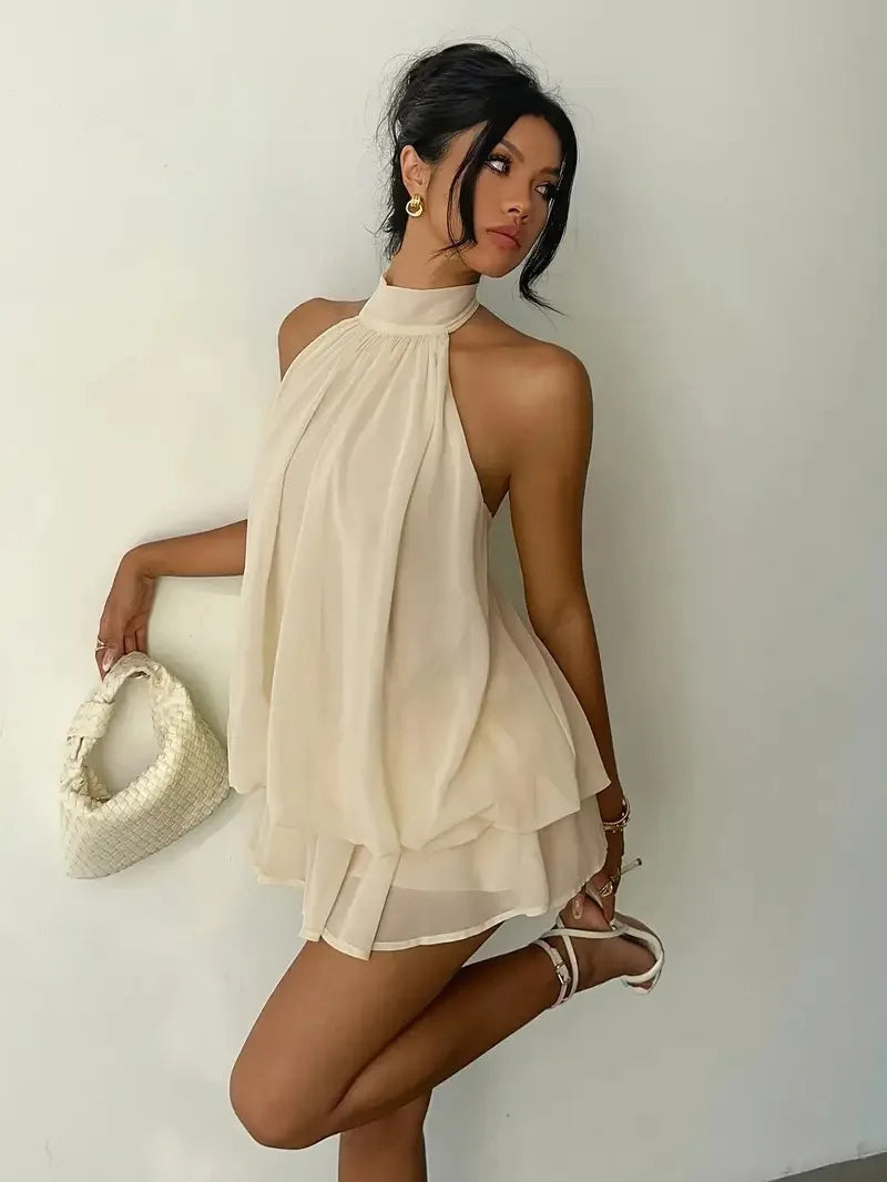 Women's Vacation Slim Fit Dress Sexy Backless Halter Neck Lace-up Versatile Solid Color Dress Stylish Comfortable Summer Vestido