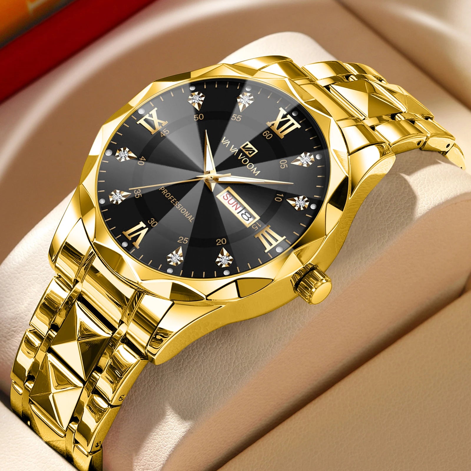2024 New Men's Watch Fashion Rivet Stainless Steel Strap Luxury Water Diamond Diamond Luminous Blue Gold Dial Business Men Watch