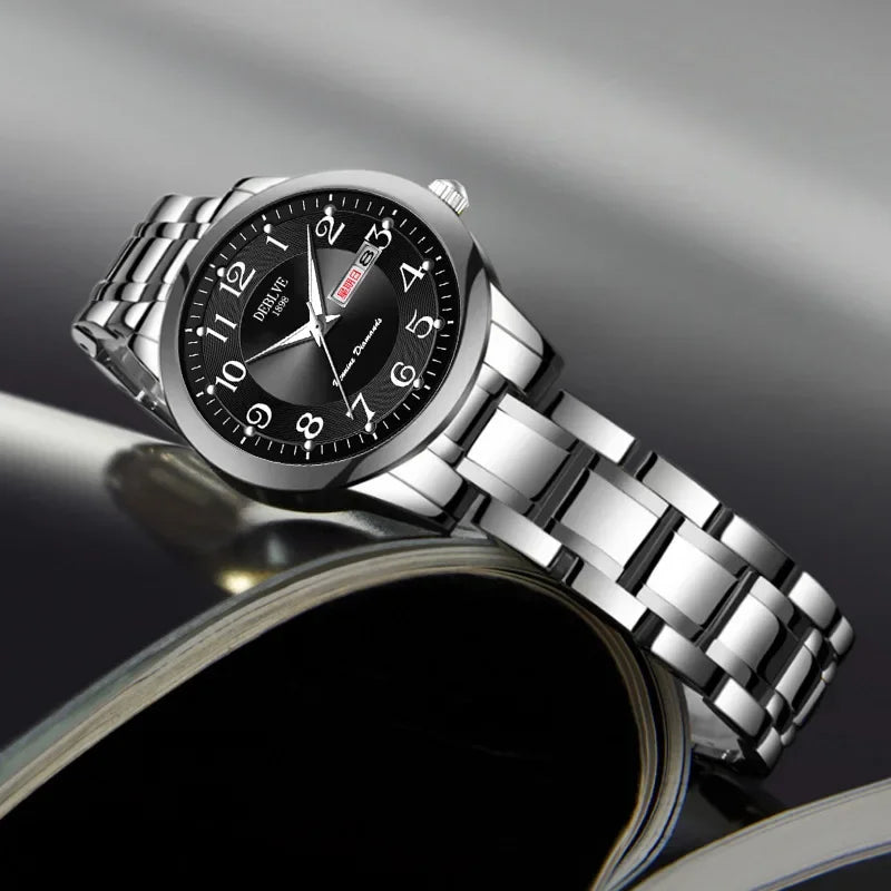 Ladies Fashion Ultra-thin Steel Band Dual Calendar Luminous Waterproof Digital Scale Watch Quartz Watch for Women Gift Clock