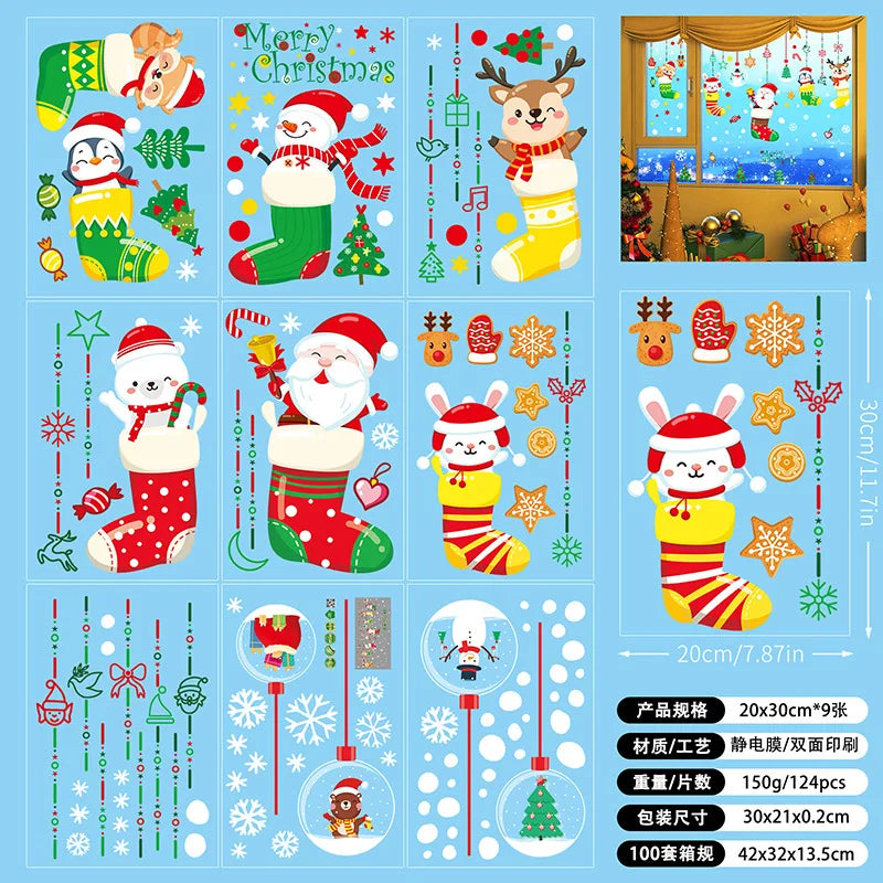 New White Christmas Sticker Santa Claus Christmas Static Sticker Shopping Mall Shop Window Background Decorative Window Sticker
