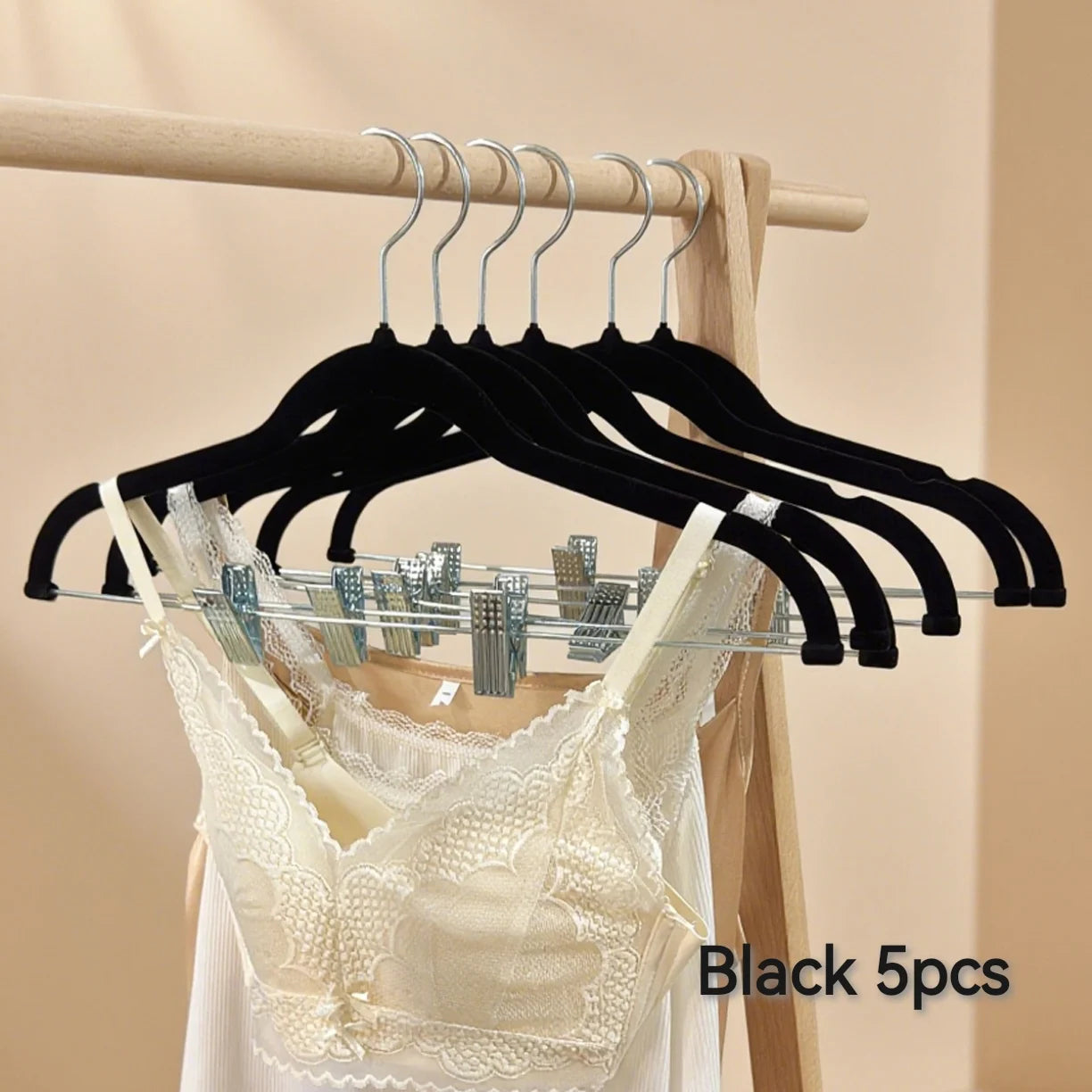 5/10 Pieces of Plastic Velvet-Coated Clothes Hangers, with Movable Strong Clips, Non-Slip and Anti-Fall, Suitable for Hanging Pants, Skirts, Bras, and Camisoles