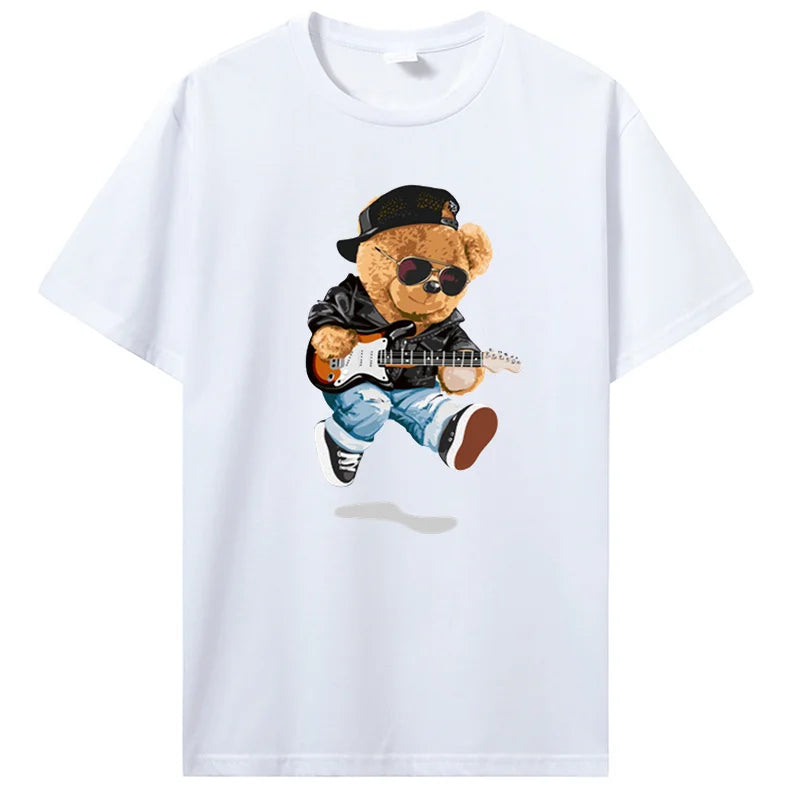 Teddy Bear Playing Badminton T-shirt Cotton Clothing Tops Graphics Kawaii Men Women Short Sleeve Print TShirt Tees