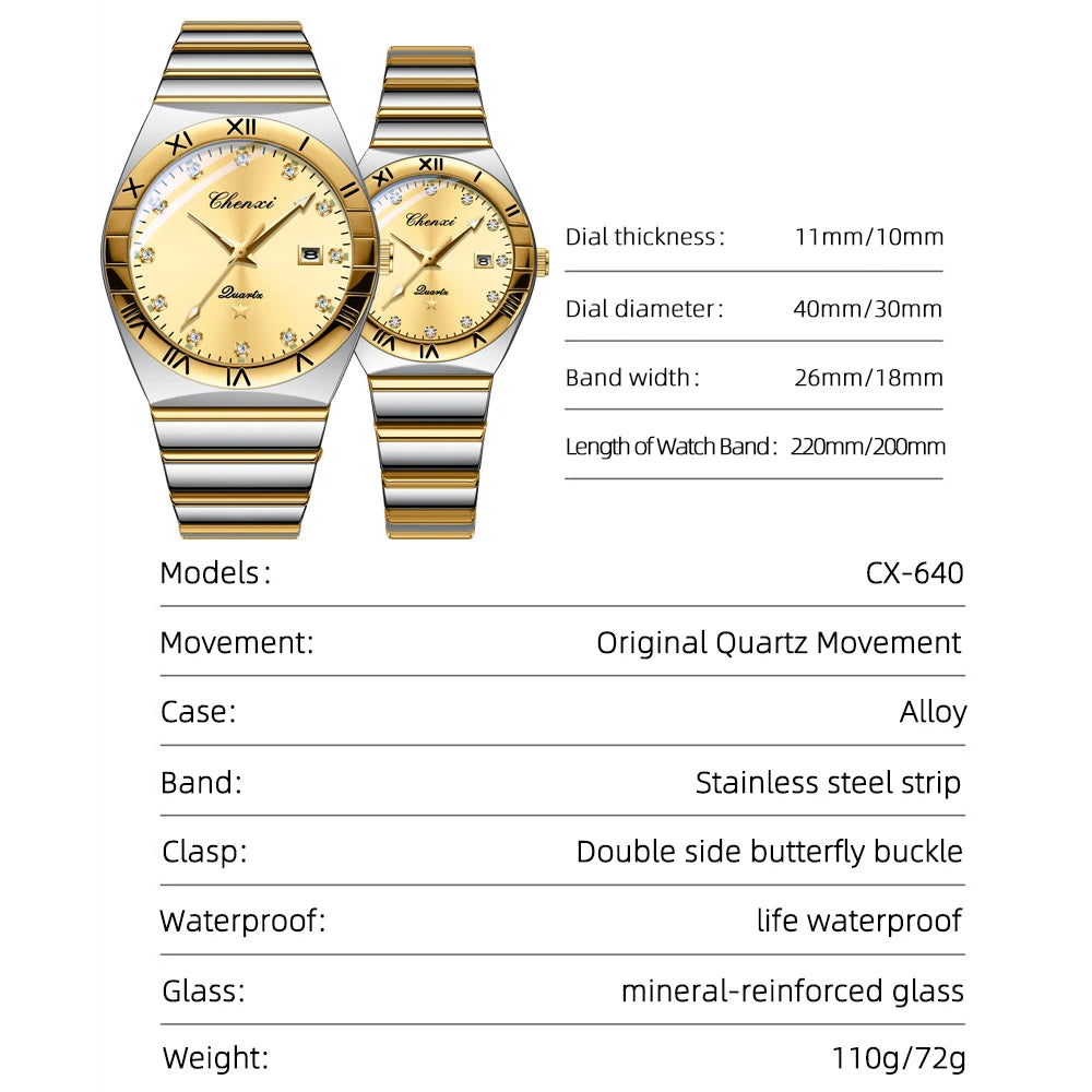CHENXI Men's Watch Fashion Luxury Waterproof Couple Lovers Quartz Wristwatches Luminous Steel Strap Clock Relogio Masculino