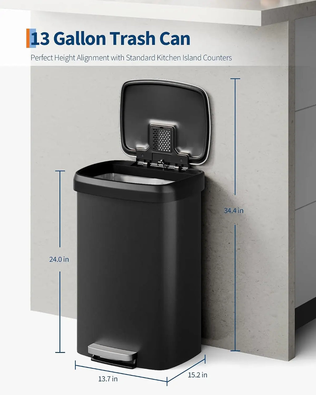 13 Gal / 50L Plastic Step Trash Can – Soft Close Lid, Liner Rim, Rear Handle, Large Kitchen Garbage Bin, Black