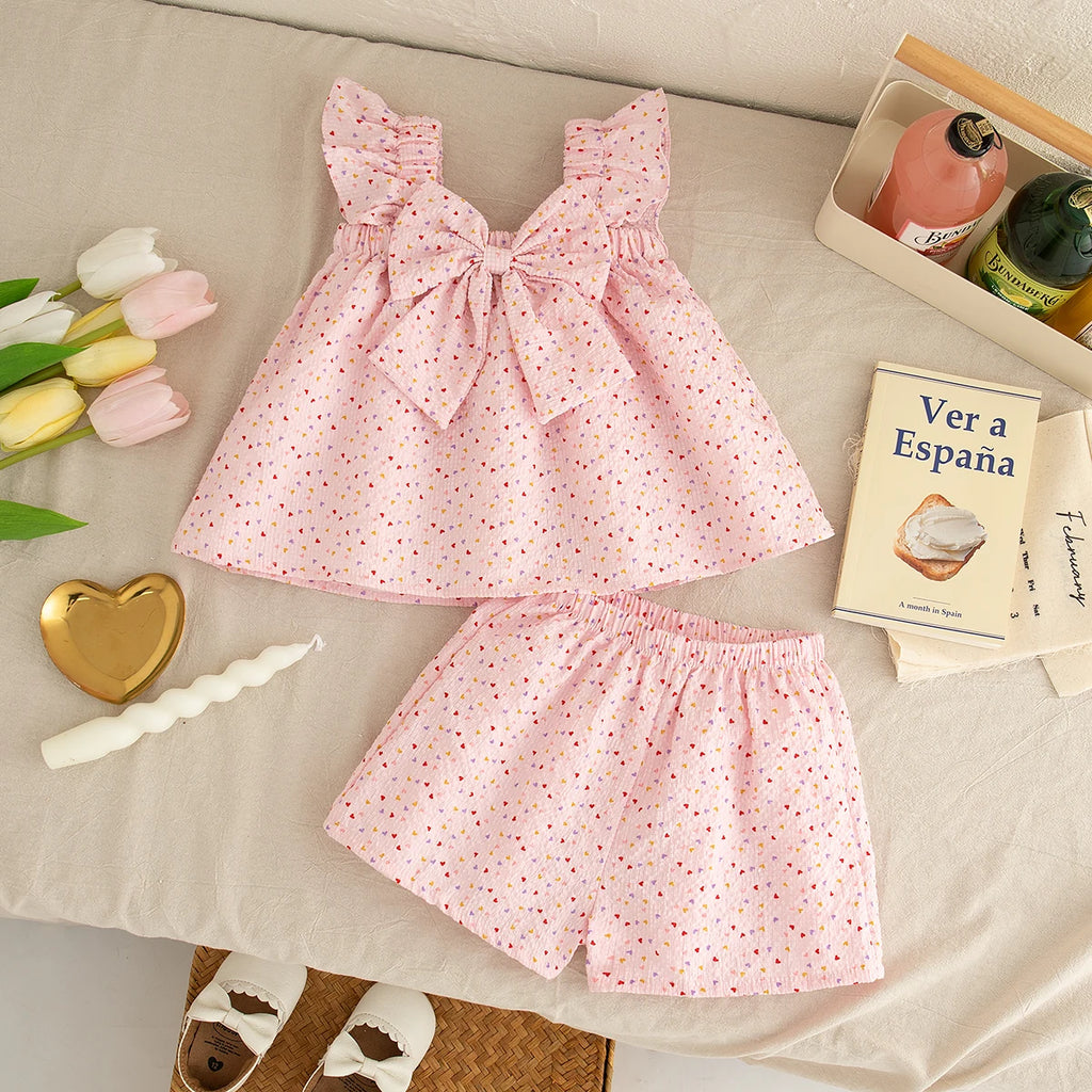 2-piece Summer Sleeveless Love Baby Girl Set Bow Tie Camisole Top+shorts 0-3 Years Old Baby Set Holiday Children's Clothing