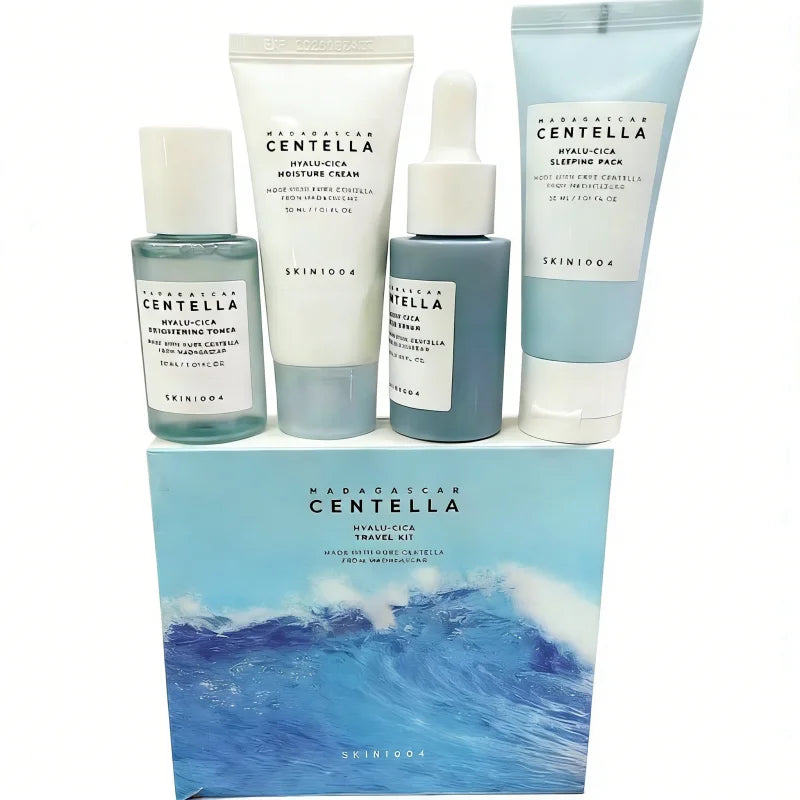Centella HyaluCica Travel Kit,Brightening Toner, Blue Ampoule Serum,Night Sleeping Pack and Moisturizer Cream Skincare Mini Set