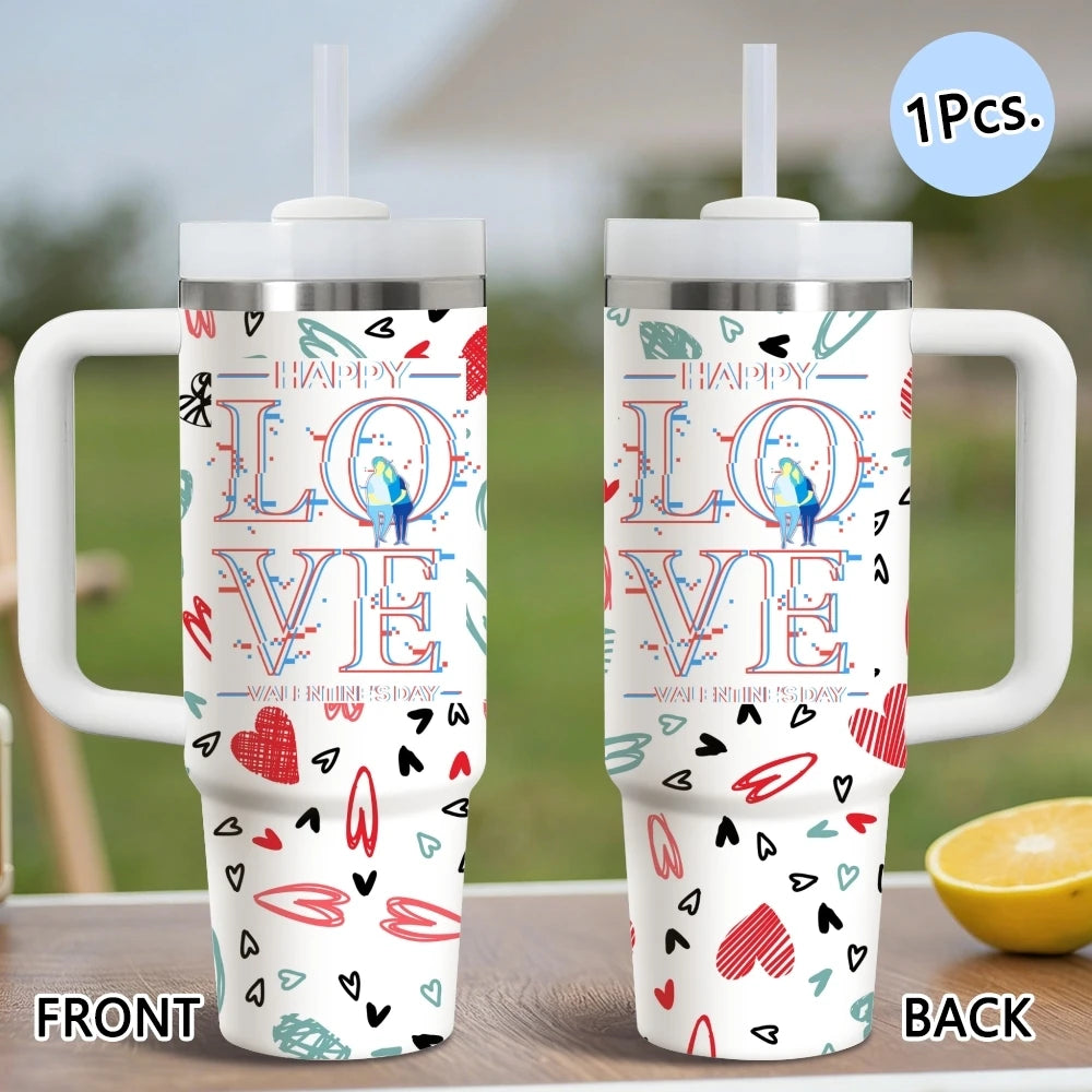 Happy Love Valentine's Day Vacuum Flasks 40oz Stainless Steel Vacuum Insulated Tumbler with Straw Leak Resistant Travel Mug