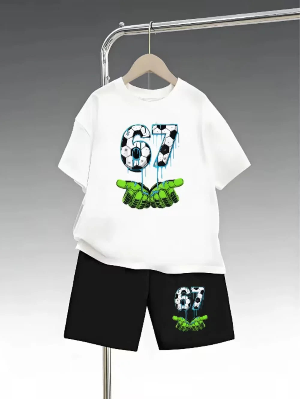 2026 Summer Boys Two-Piece Set Funny 67 Meme Digital Print T-Shirt + Pants Set Casual Street Style Outfit Fashion Kids Clothes