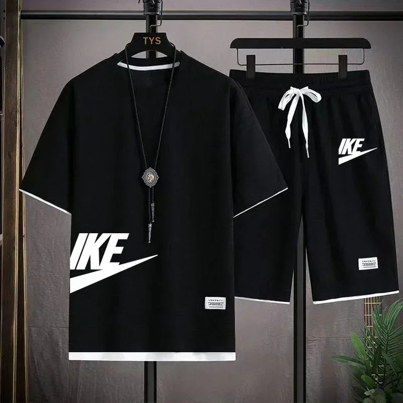 Hot selling summer men's casual short sleeved T-shirt shorts sports set outdoor breathable jogging shorts 2-piece set