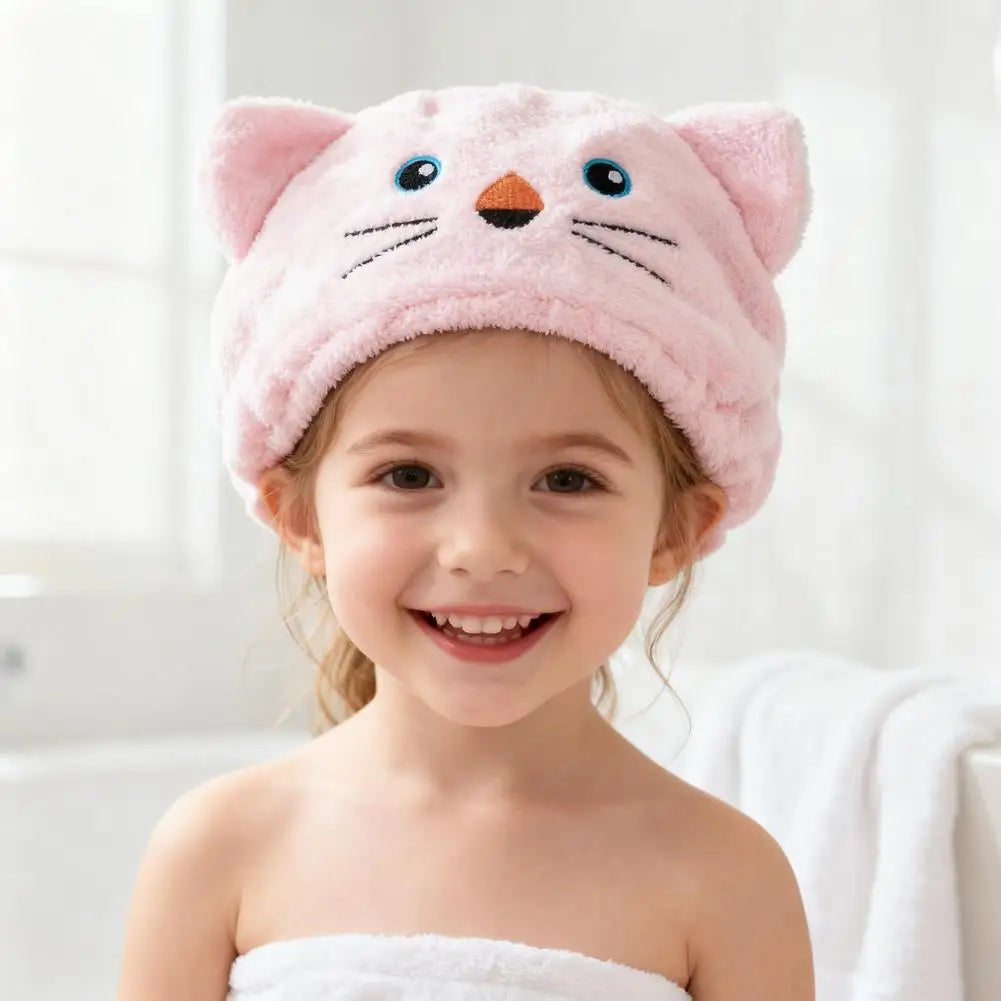 Cute Cartoon Bear Soft Absorbent Dry Hair Cap for Kids Coral Fleece Microfiber Hair Drying Towel Head Wrap for Children Kids