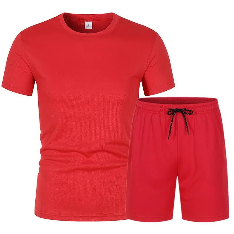 2026 Men's running Sets Short Sleeve T-shirt+Shorts 2-piece Sets Slim Fit Mesh Breathable Jogging Gym Sportswear Clothing summer