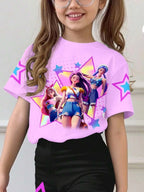 Kids Girls 2 Piece Cartoon Star Print Short Sleeve Tee & Flare Pants Set Cute Casual Summer Outfit