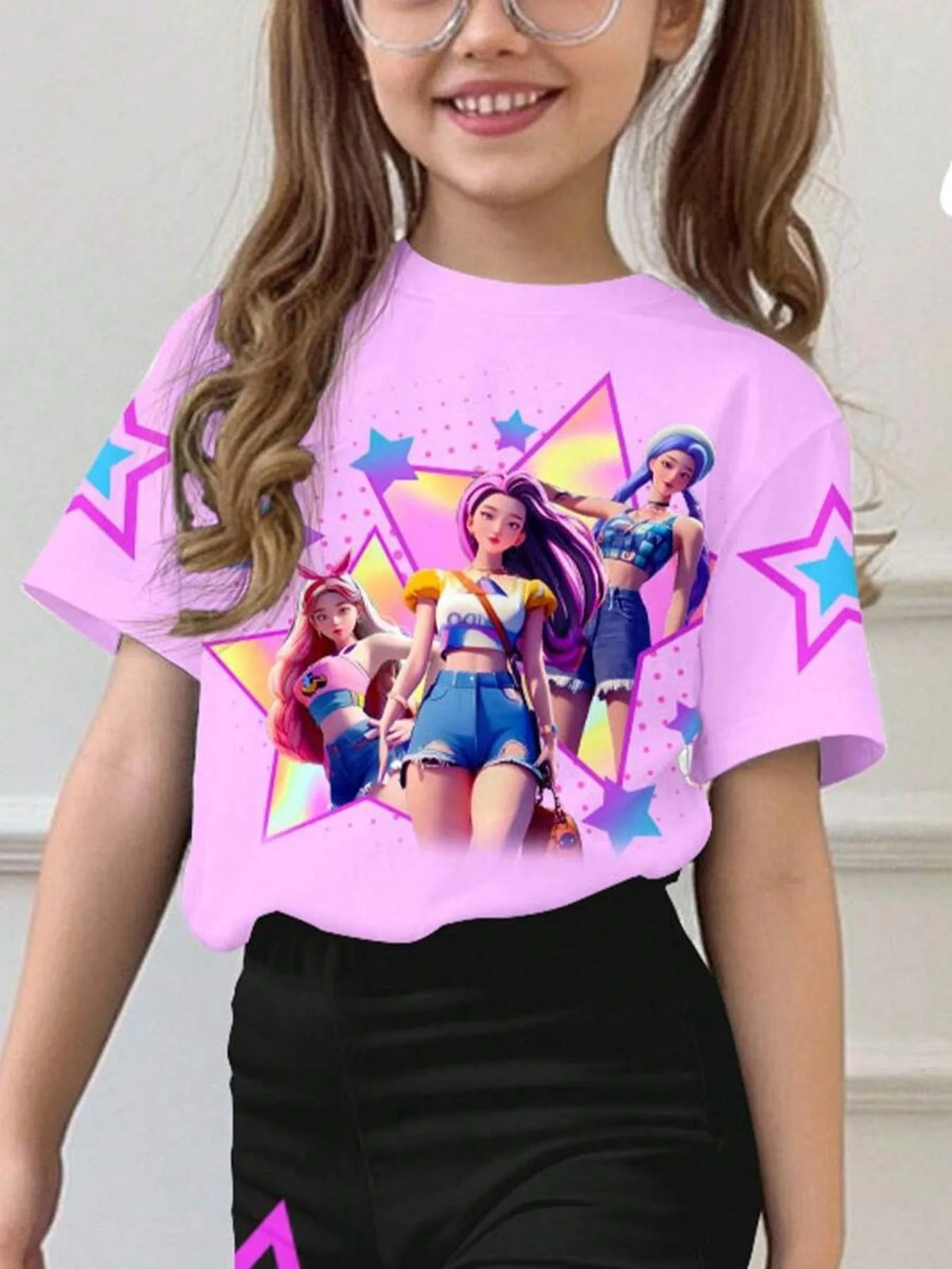 Kids Girls 2 Piece Cartoon Star Print Short Sleeve Tee & Flare Pants Set Cute Casual Summer Outfit