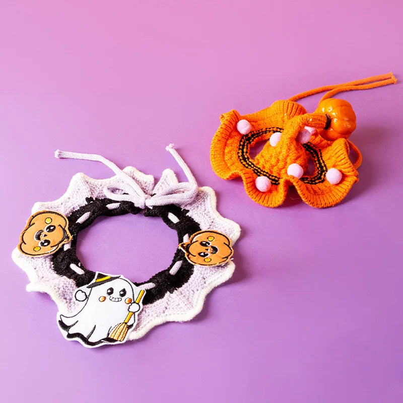 Cat Collar Halloween Costumes for Cats Puppies Knit Witch Hat Neck Piece for Halloween Party Decoration Funny Pumpkin Hat Set